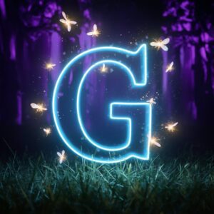 Vibrant neon blue G Initial DP surrounded by sparkling fireflies in a dreamy forest"