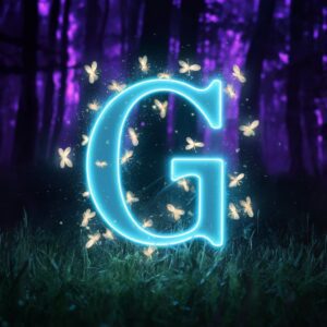 Magical G Name DP with neon blue glow and soft purple lighting in a fantasy forest"