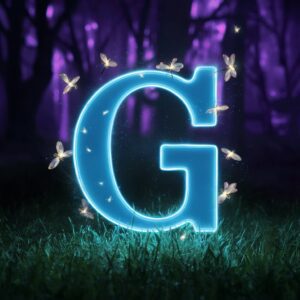 g Name DP glowing in neon blue with fireflies and fairy dust in a magical forest