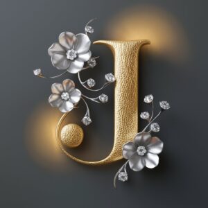 Elegant J name DP with silver flower petals and luxurious gold details