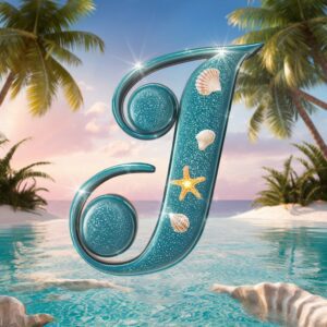 Shimmering "J" letters adorned with seashells, floating over a tropical paradise at sunset.