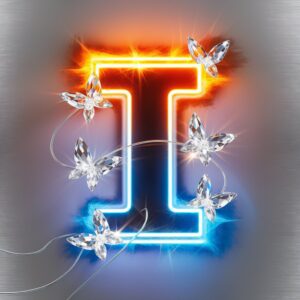 Energetic and colorful letter "I" with neon glow and butterfly accents, creating a fun visual appeal.