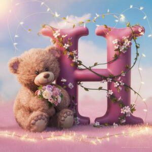 Teddy bear holding flowers beside the artistic letter 'H' with sparkling fairy lights in the background