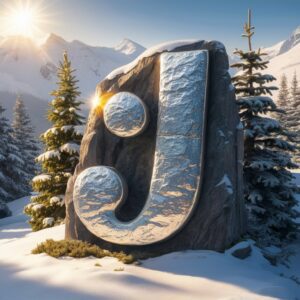 The name "J" carved in silver stone, glowing amid snow-covered mountains and evergreen trees.