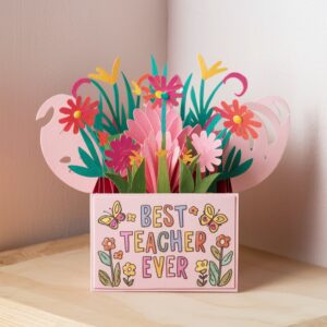 Bright and cheerful Teacher's Day card with hand-drawn flowers, butterflies, and colorful accents.