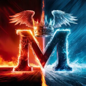 Elemental Name DP showcasing a fiery and icy "M" with wings symbolizing balance and contrast.