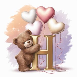 Teddy bear embracing a shimmering golden 'H' surrounded by pink, white, and gold heart balloons