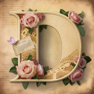 Soft vintage letter 'D' with a romantic feel, surrounded by roses and a love letter