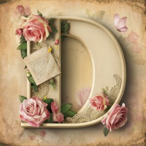 Romantic 'D' design with vintage roses and butterfly, set on a nostalgic textured background.