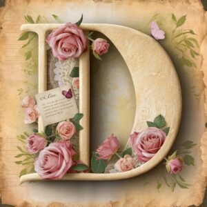 A vintage cream-textured 'D' with pastel roses and lace, accompanied by a light pink butterfly.