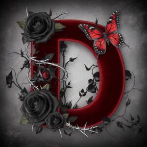 Dark and moody letter 'D' with black roses, silver thorns, and a butterfly, set on a misty background.