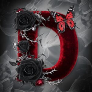 The letter 'D' in velvet texture, surrounded by black roses and a striking red butterfly