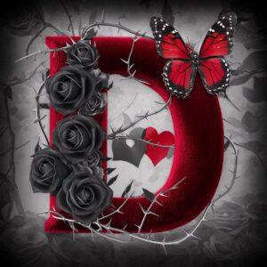 Deep red velvet 'D' with black roses and thorns, accented by a red and black butterfly