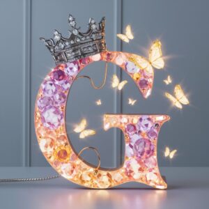 Sparkling crystal "G" adorned with a radiant crown and butterflies, a luxurious name DP design.