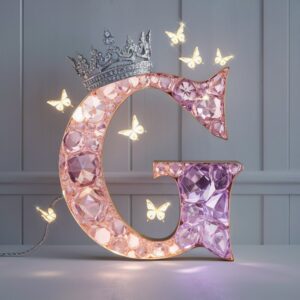 Crystal-like "G" with glowing butterflies and a diamond crown, perfect for a stunning name DP