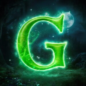 G Name DP glowing in rose gold with twinkling stars in a mystical woodland green light