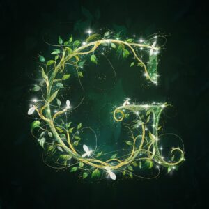 Enchanting G Name DP with glowing leaves and fireflies in green and gold"