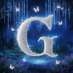 G Name DP with silver glow and moonlight in a magical twilight forest"