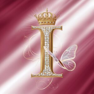 Luxurious 'I' wallpaper with a golden font and royal crown, accented with soft pink tones."