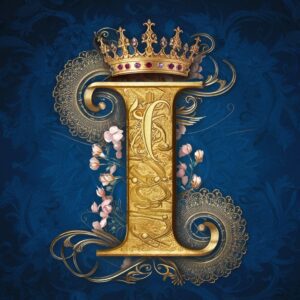 "A majestic gold letter 'I' topped with a sparkling crown and royal motifs."