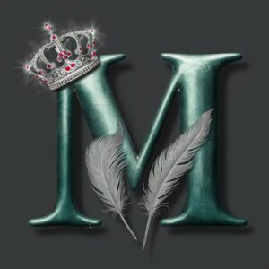 Metallic emerald "M" with a ruby-accented crown, glowing brilliantly on a deep grey background.