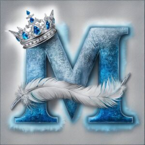 Elegant blue "M" with sapphire-studded crown, surrounded by a soft icy glow against a silver backdrop.