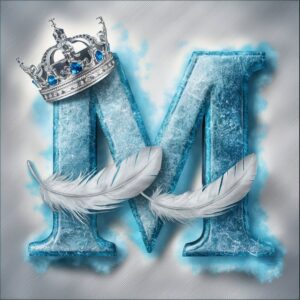 The letter "M" in frosty metallic blue with a silver crown adorned with icy sapphires, glowing on a pale silver background.