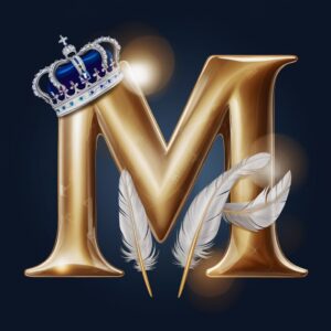 Luxurious gold "M" with silver crown and sapphire jewels, highlighted by golden light on a deep navy background