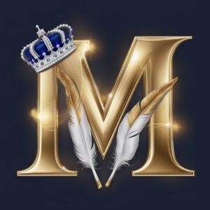 Glossy gold "M" with sapphire-encrusted crown, surrounded by golden glow against a navy blue backdrop