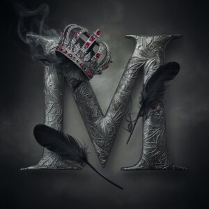 "Dark and mysterious letter M featuring a silver crown and velvety black feathers on a muted grey backdrop."