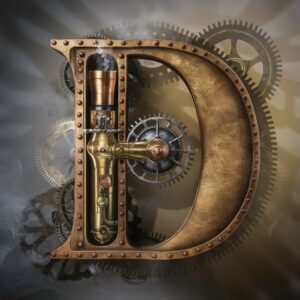 Elegant letter 'D' with a steampunk design, featuring brass and copper details, surrounded by a mechanical, smoky gradient."