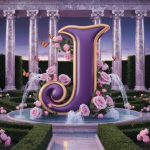 Luxurious royal purple "J" highlighted by soft twilight, roses, and butterflies in a palace setting.