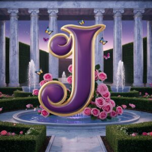 Stylish "J" adorned with butterflies and roses, illuminated by a garden fountain at twilight.