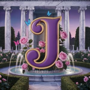 The name "J" in royal purple, surrounded by roses and butterflies in an elegant palace garden.