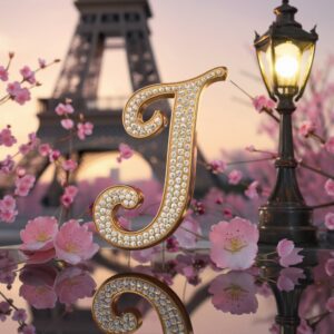 Opulent golden "J" letters illuminated by a Parisian sunset, with delicate cherry blossoms nearby.