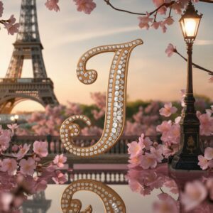 Luxurious "J" set against a Paris backdrop, shimmering near the iconic Eiffel Tower and soft lights.