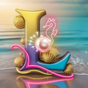 3D letter 'L' with a golden seashell design, fading from sunny yellow to ocean blue on a beach backdrop