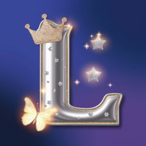 Luxurious name dp with a radiant silver 'L' adorned with stars, crown, and butterfly