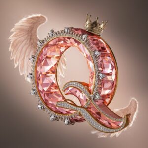 Crystal "Q" with a soft pink-gold glow, diamond accents, and angelic wings, crowned in elegance.