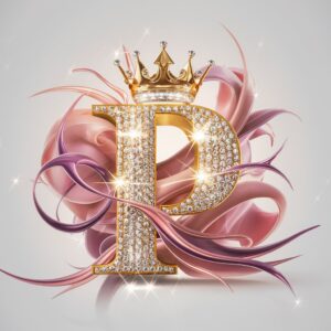 Elegant gold 3D logo for 'P' adorned with diamonds, crowned in royal hues on a pristine white backdrop."