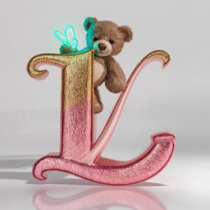 Shimmering gold "L" logo with a teddy bear holding a neon-blue butterfly on a clean white background.