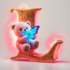 3D gold and pink "L" logo with a glowing teddy bear and butterfly, perfect for playful branding.