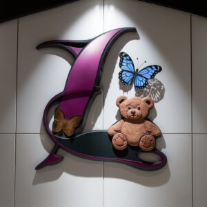 Stylish 3D "L" logo in deep purple with a glowing butterfly and a teddy bear, ideal for artistic designs