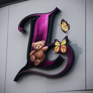 Elegant "L" logo with rich purple hues, paired with a teddy bear and butterfly on a sleek white background