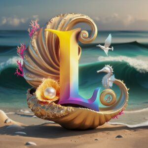 Ocean-themed 3D logo of 'L,' featuring glowing coral accents and a serene beach setting."