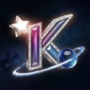 Cosmic-themed 'K' logo with dazzling purple-to-blue gemstones, a silver star, and a galactic background