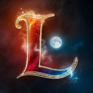 Shimmering 3D letter 'L' with a cosmic gradient from reds to blues and glowing moon on a starry sky."