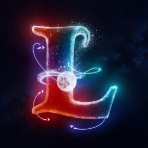 Captivating 3D design of 'L,' blending cosmic blues and reds with a glowing moon on a starry background