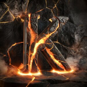 Fiery 3D 'K' logo with glowing molten lava veins, a dramatic and powerful name DP."