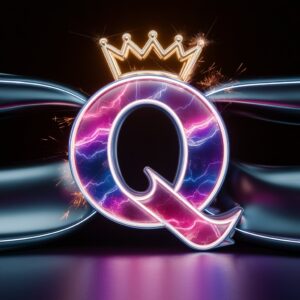 Illuminated neon "Q" crowned in gold, set against a sleek black background for a dynamic name DP.